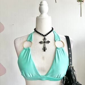 Halter Bikini Top in Mint with Gold Ring Accents